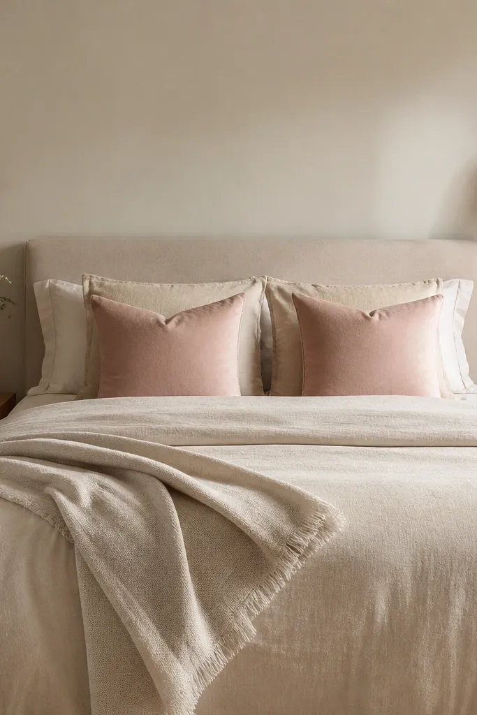 Beige bedding with blush pillows and matching wall sconces on both sides