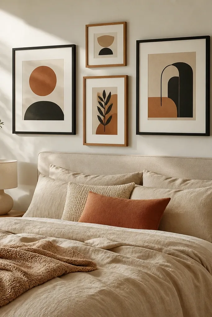 Mixed frames gallery wall above a bed with matching beige and black tones