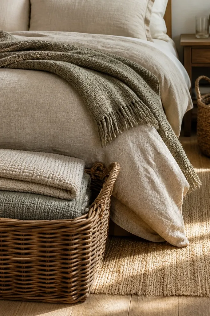 Beige linen bedding with two matching rattan baskets and a woven throw