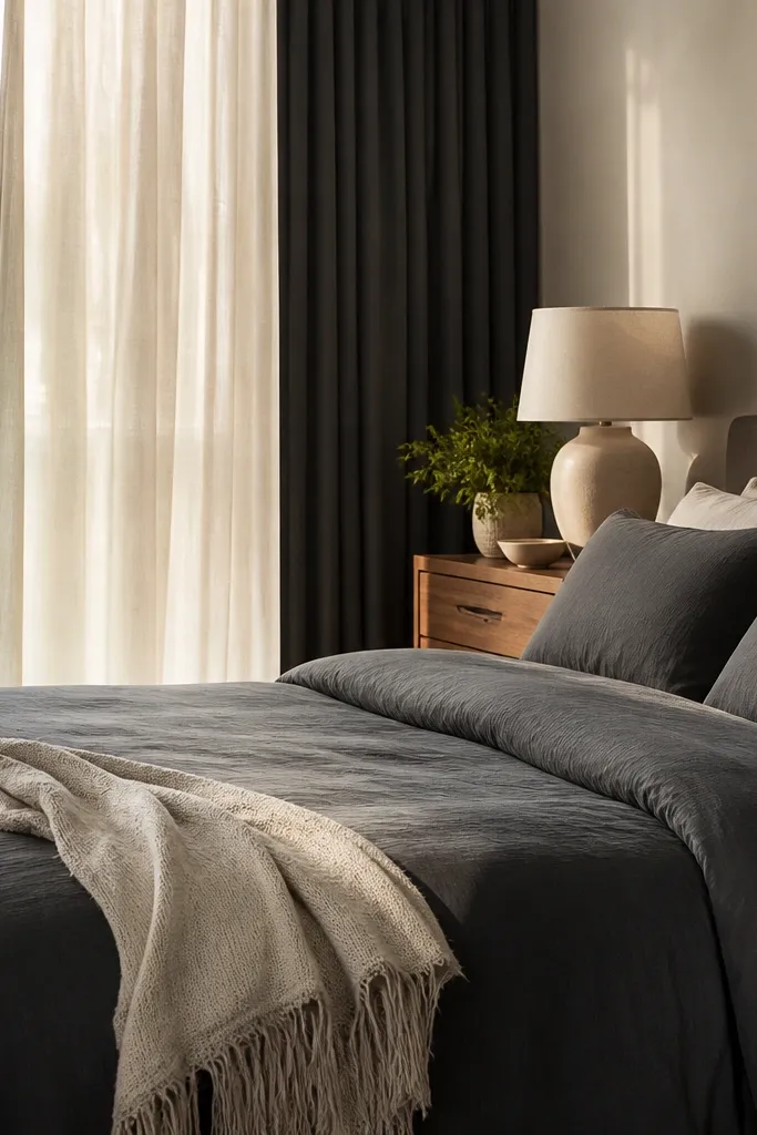 Charcoal duvet with cream sheers and blackout curtains behind