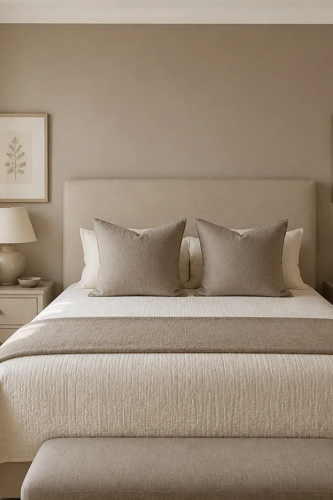 Quilt bedding in two colors with matching frames above the bed