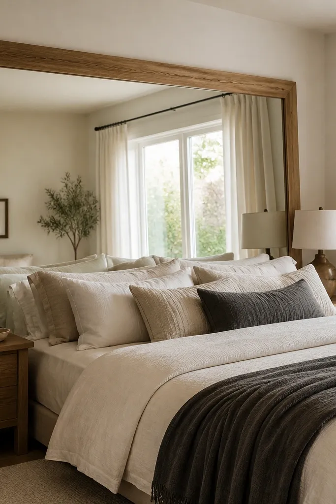 Large mirror above or behind the bed with warm bedding and two lamps