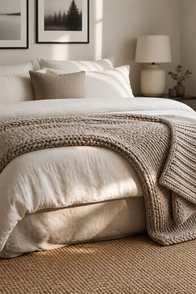 Neutral chunky knit throw folded at the foot with one side drape and two lamps