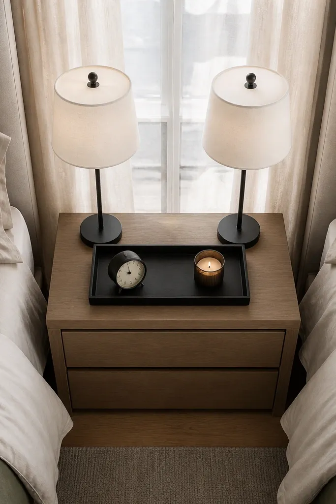 Two matching lamps with a single tray on each nightstand and clean bedding