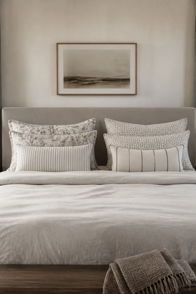 Solid duvet with two patterned pillow pairs in coordinated colors