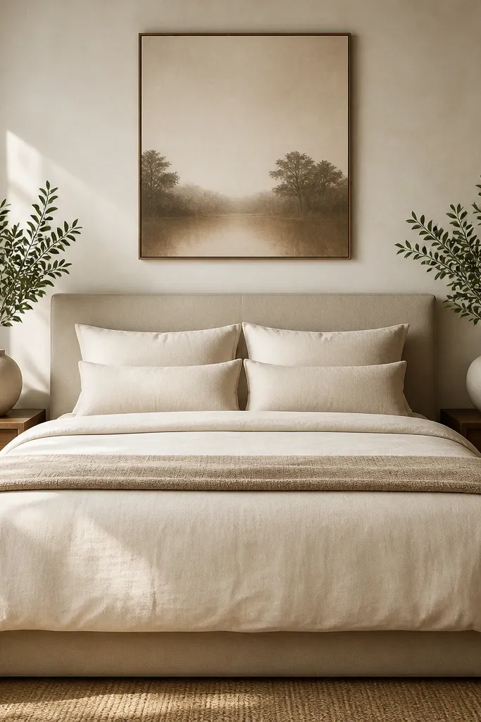 Two matching potted plants on nightstands with neutral bedding