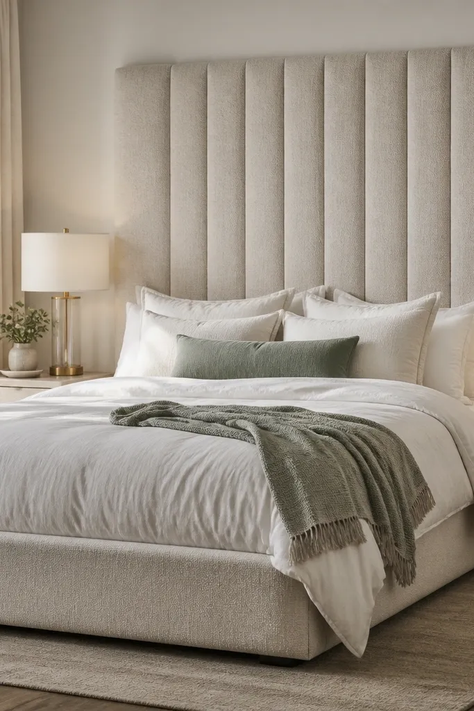 Bed with a padded neutral headboard panel and two matching lamps