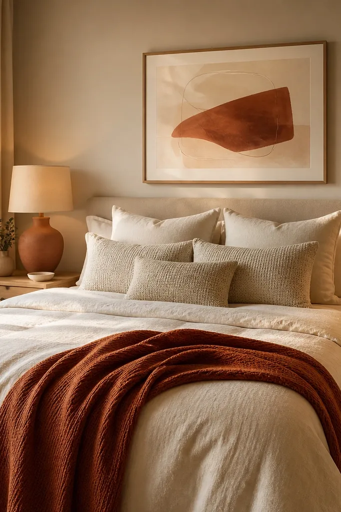Cream bedding with a terracotta throw and terracotta accents in wall art