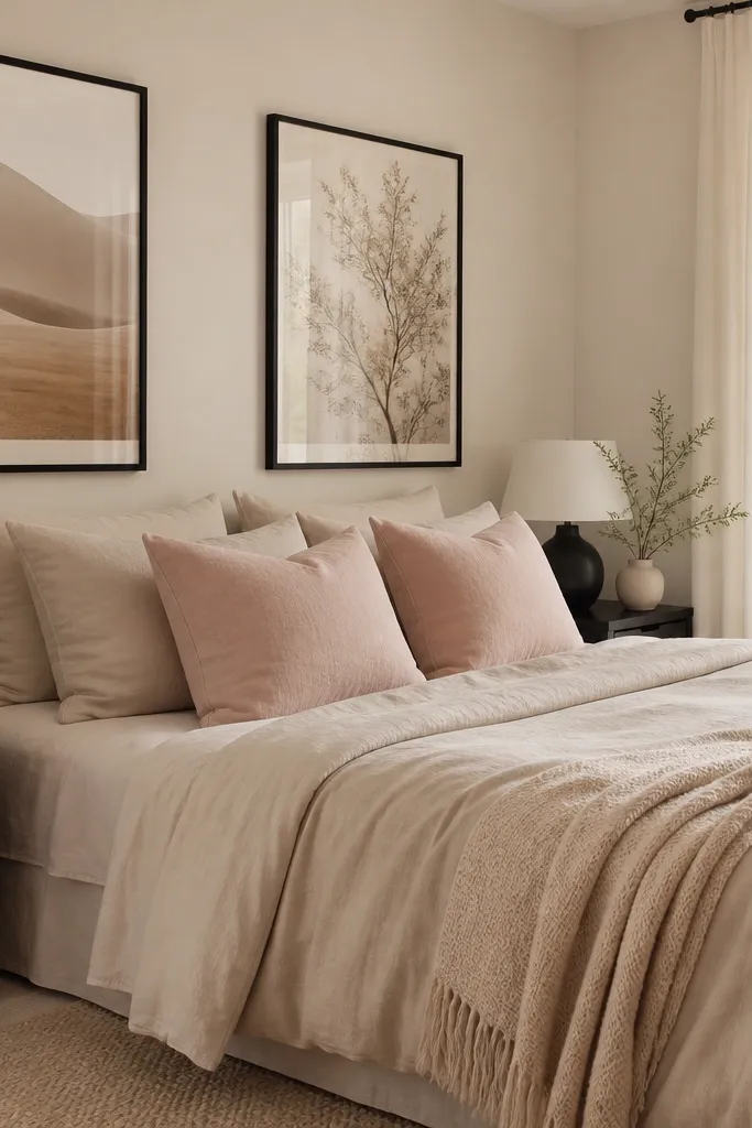 Sand bedding with nude pink pillows and black framed art above