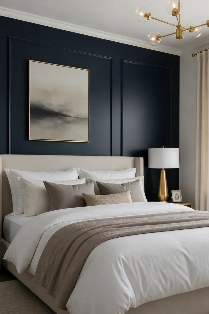 Midnight navy accent wall behind the bed with white bedding and warm gold details