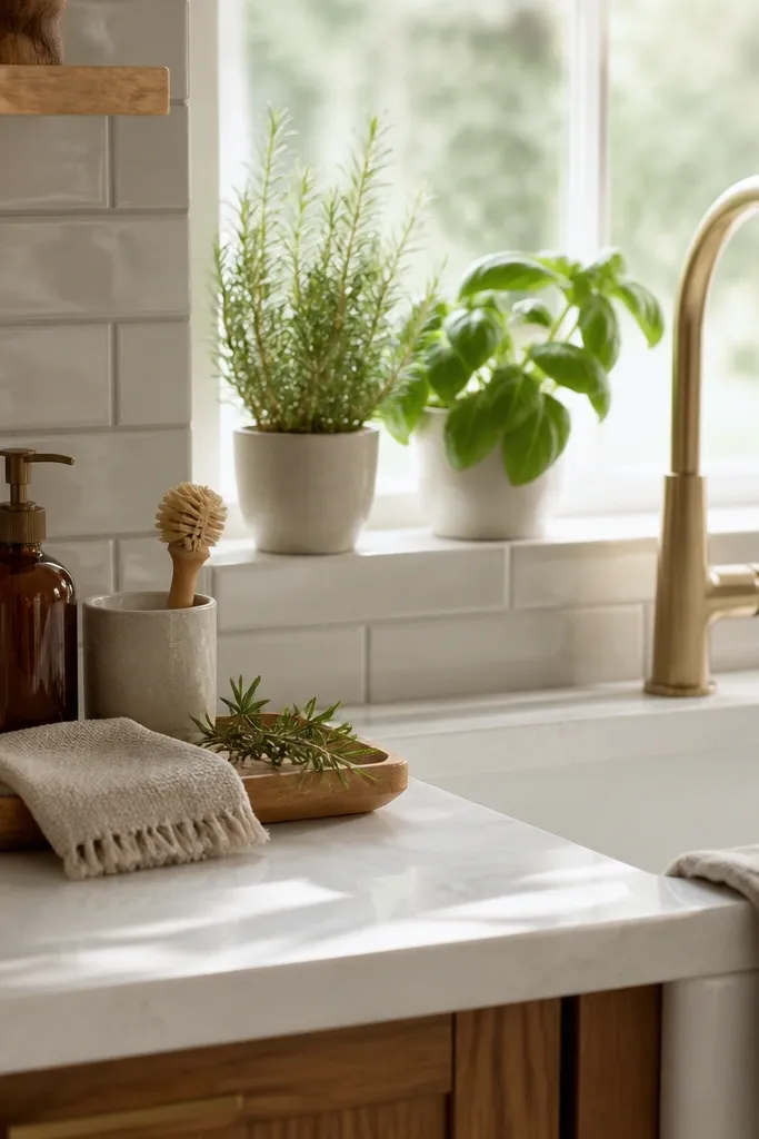 A small kitchen counter with everything cleared except one rectangular wooden tray holding a soap dispenser, a small vase with a single stem, and a ceramic canister. The backsplash is visible and the cabinet hardware looks clean and consistent.