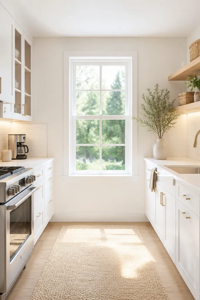 Kitchen cabinets with warm white LED strips mounted under the upper cabinets. The counter and backsplash look brighter, with soft light reflecting off a light backsplash tile and a clean coffee corner.