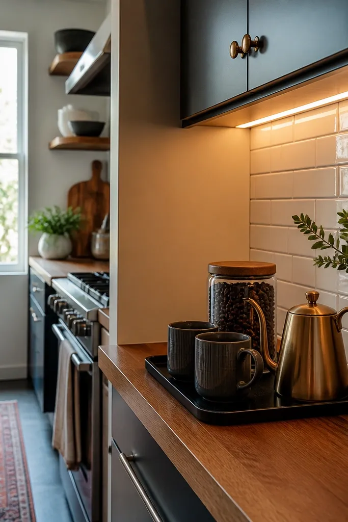 A backsplash section behind a small coffee station covered with peel-and-stick subway tile in soft cream. The rest of the backsplash is plain, and the coffee area has matching canisters and a framed print.