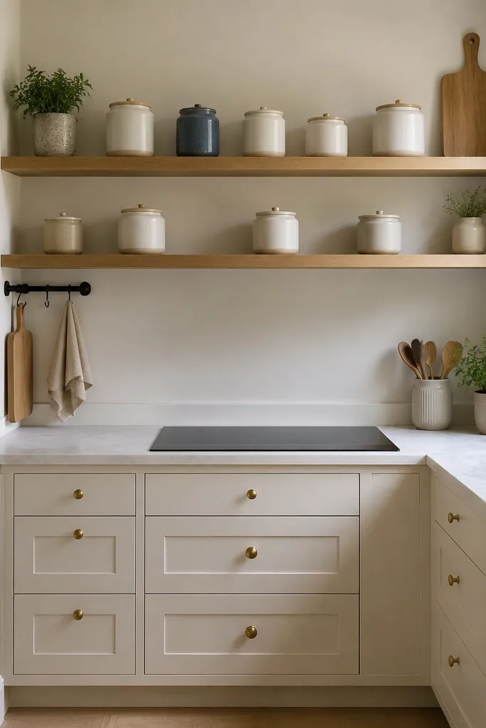 Two open shelves with identical white canisters, a matching ceramic utensil crock, and neatly stacked plates. Items sit with consistent spacing, and the shelf edges are visible.