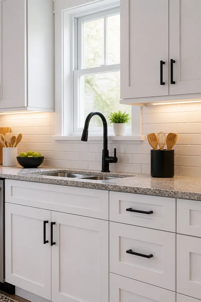 Small kitchen cabinets with new matte black cup pulls and knobs. The doors align cleanly, and the backsplash and counters look more coordinated due to the consistent hardware finish.