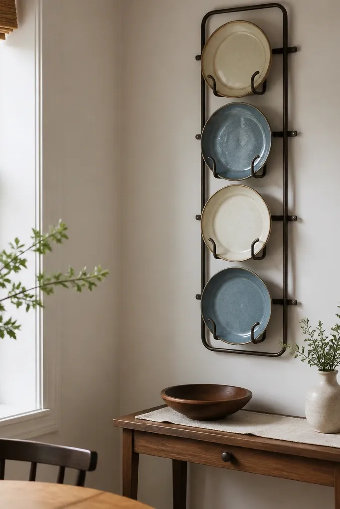 A small dining corner with a vertical wall-mounted plate rack holding a few plates in coordinated colors. A slim table has a runner and two chairs, and the wall looks intentional.
