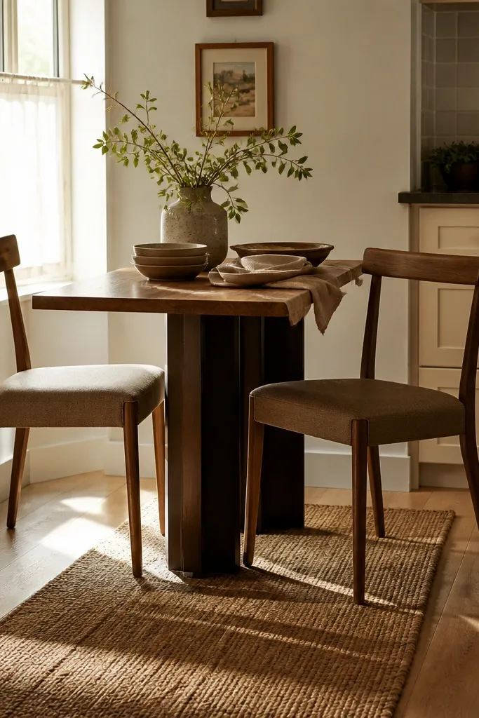 A woven jute runner under a small dining table. The chair seats are a similar warm neutral, and a simple ceramic vase sits centered on the runner.