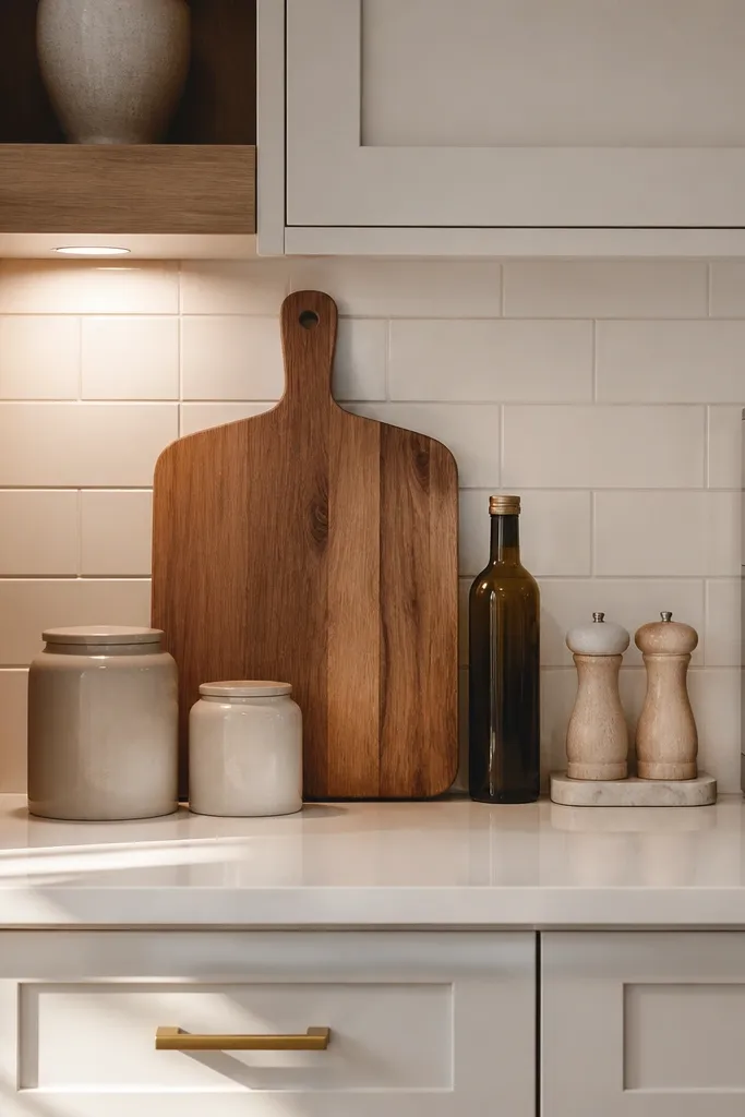 A magnetic knife strip mounted on a wall with knives arranged neatly. Below it, a matching ceramic utensil crock holds spatulas and ladles, while the counter stays clear.