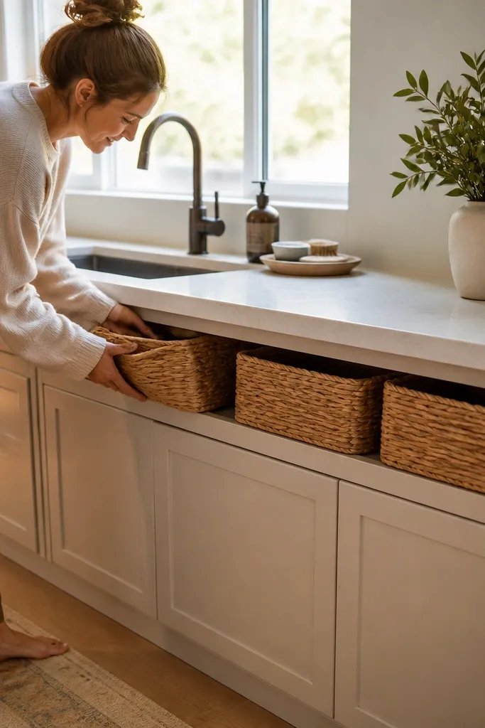 Two small woven baskets mounted under a cabinet shelf holding napkins and extra paper towels. The cabinet door remains closed, and the counter is clear.