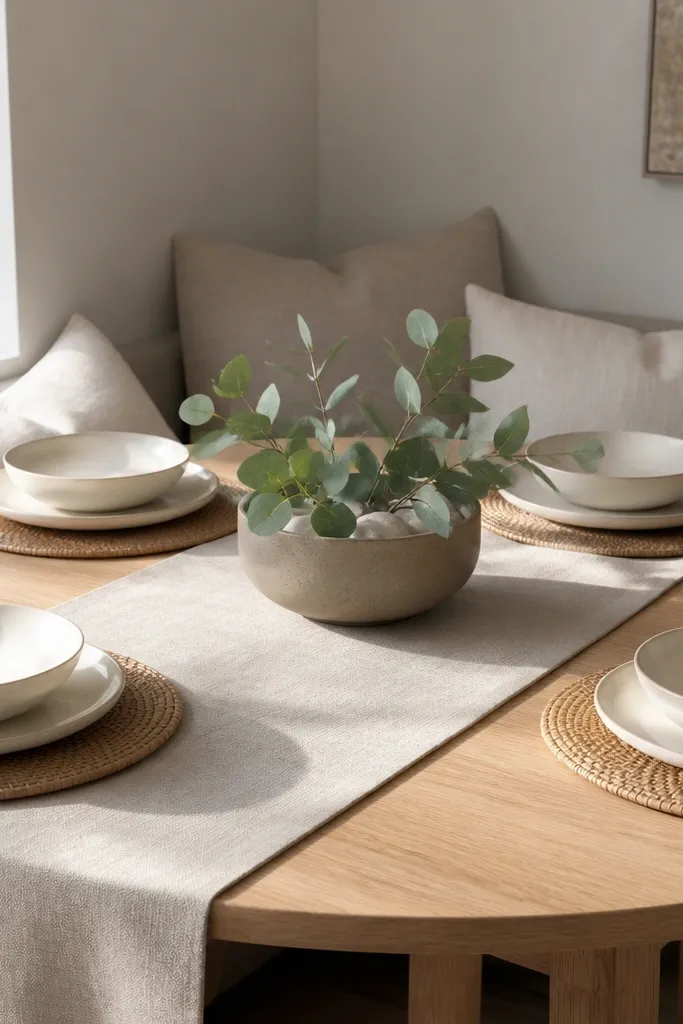 A small dining table with a low ceramic bowl and a short vase. Napkins are folded and stacked, and the centerpiece stays centered and low.