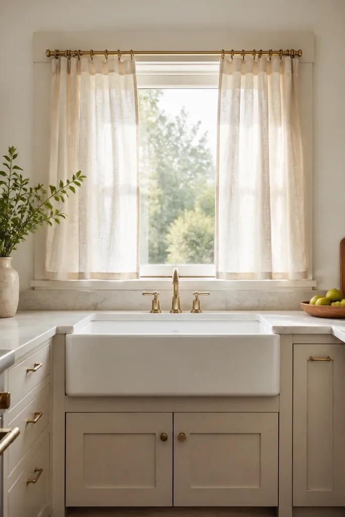 A small kitchen window with linen cafe curtains on a rod near the top of the glass. The fabric is light and airy, and the sill is mostly clear.