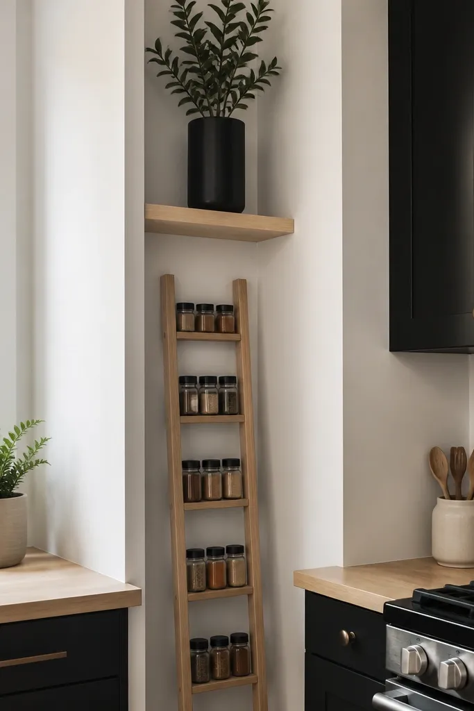 A narrow corner shelf with a slim spice ladder holding small jars. A tall plant in a simple pot sits on the top shelf, and the area looks airy.