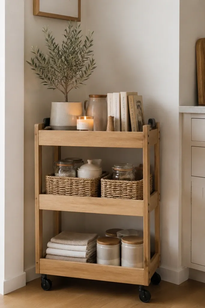 Inside a lower cabinet, the back wall has a subtle peel-and-stick contact paper pattern in warm gray. The cabinet holds neatly arranged plates and small containers.