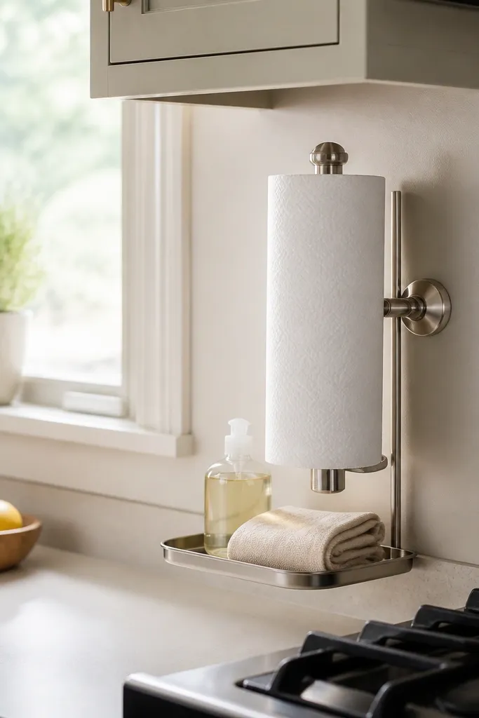 A paper towel holder mounted near the side of the counter with a small tray underneath. The main counter is clear and the sink area looks tidy.