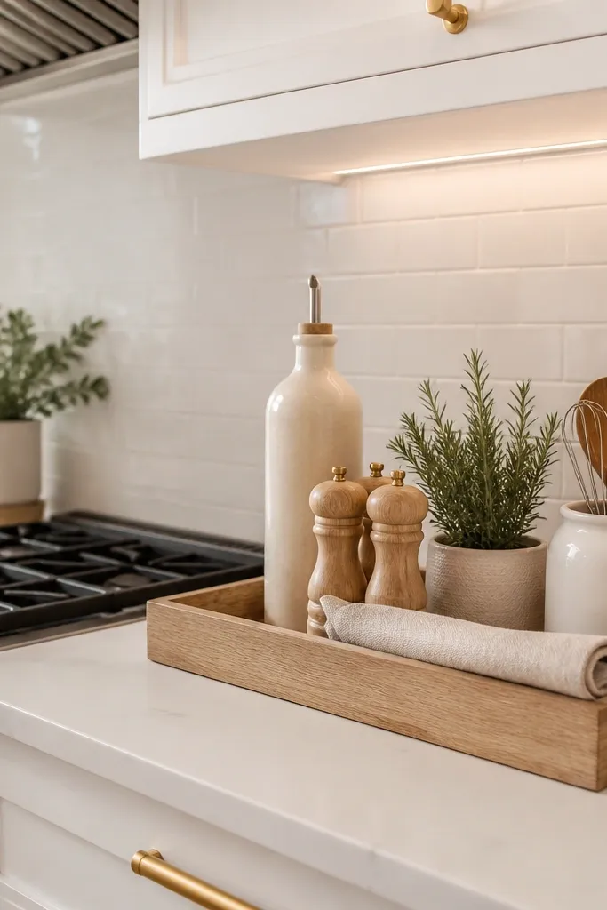 Inside open shelving, the back wall is painted a deep olive. Shelves hold cream canisters and white dishware, creating strong contrast.