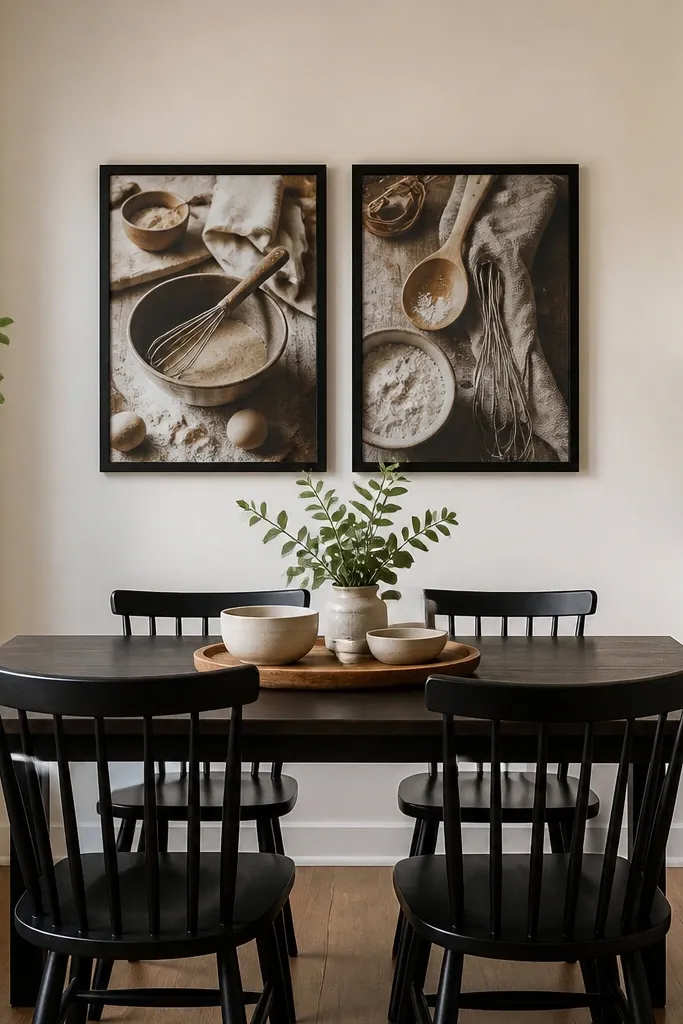 A small dining wall with two framed recipe prints hung at eye level above a compact table. The frames are in matching black, and the table has a runner and low centerpiece.