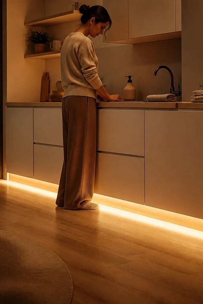 Warm LED lighting installed along the toe-kick under lower cabinets. The floor looks softly lit and the cabinet bases look clean and modern.