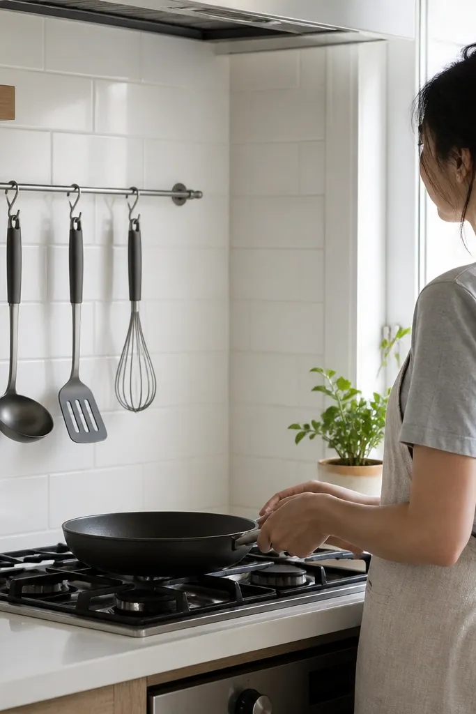 A small stove area with a black rail mounted above the range. A few tools hang neatly: a spatula, ladle, and small whisk, while the back counter stays clear.