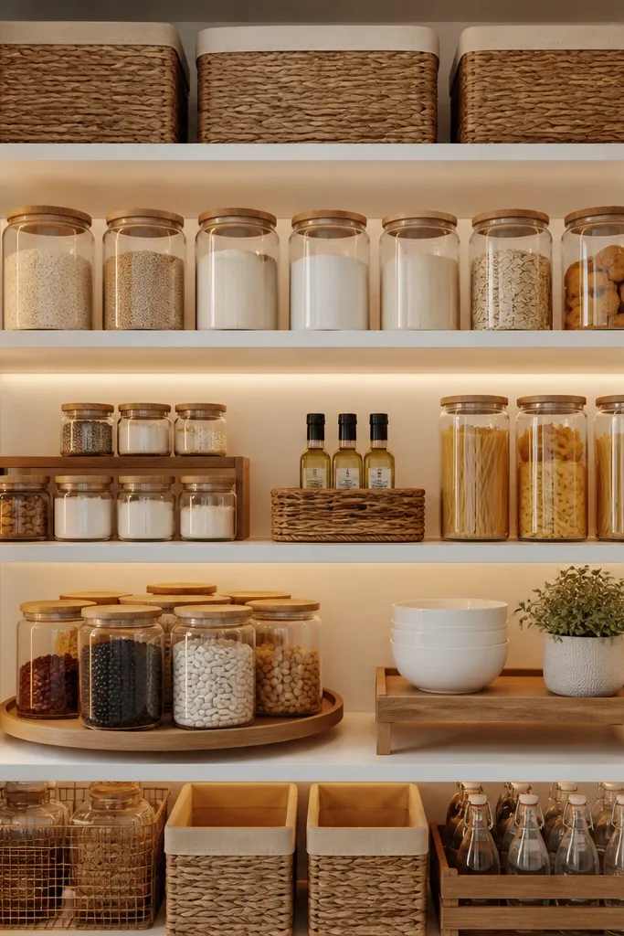 The top of kitchen cabinets has three grouped items: a tall ceramic jar, a small framed photo, and a tray with a plant. Everything is spaced evenly and nothing is cluttered.