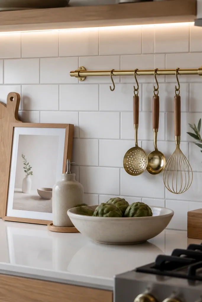 A small open shelf or countertop area with dishes in one color family and a matching soap dispenser. The rest of the counter stays empty and clean.