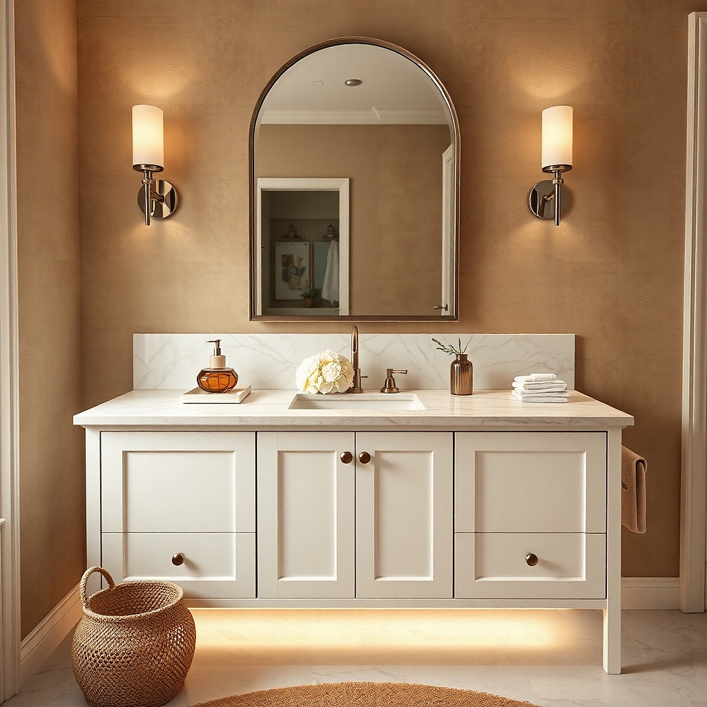 Matte white shaker bathroom vanity with brushed nickel long bar pulls