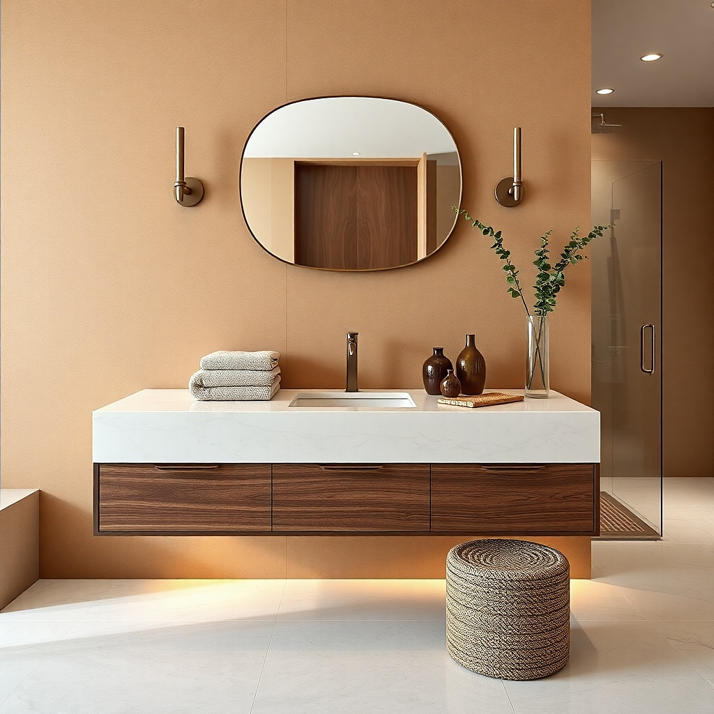 Walnut veneer bathroom vanity with finger pull cutouts and a light countertop