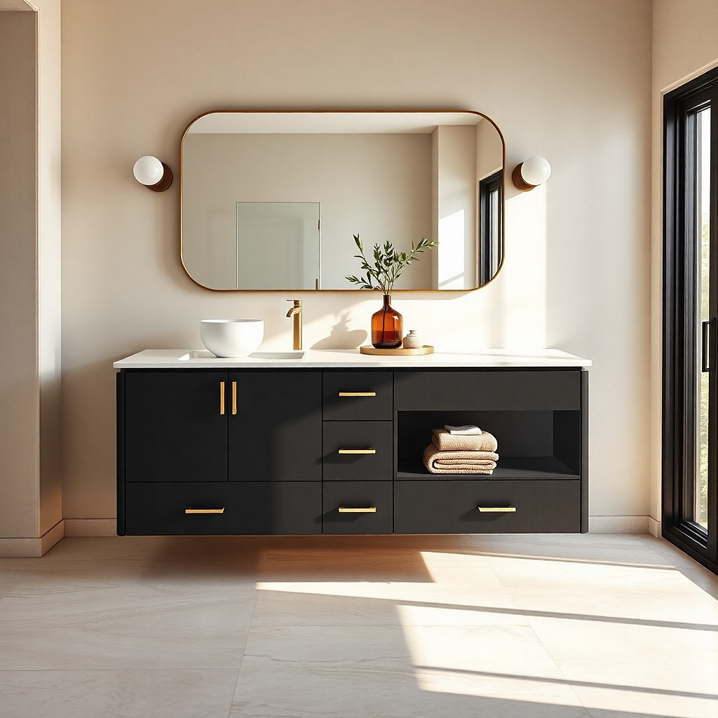 Charcoal bathroom vanity with white quartz countertop and simple chrome-free hardware