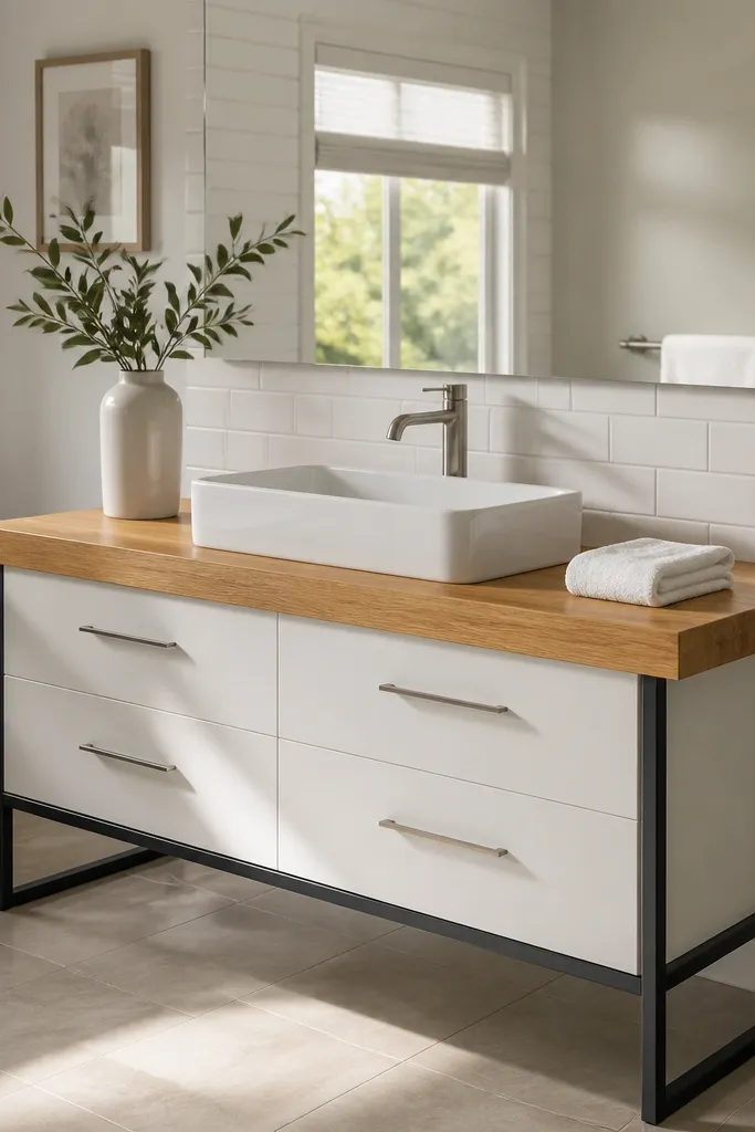 Floating bathroom vanity with oak top and black metal legs