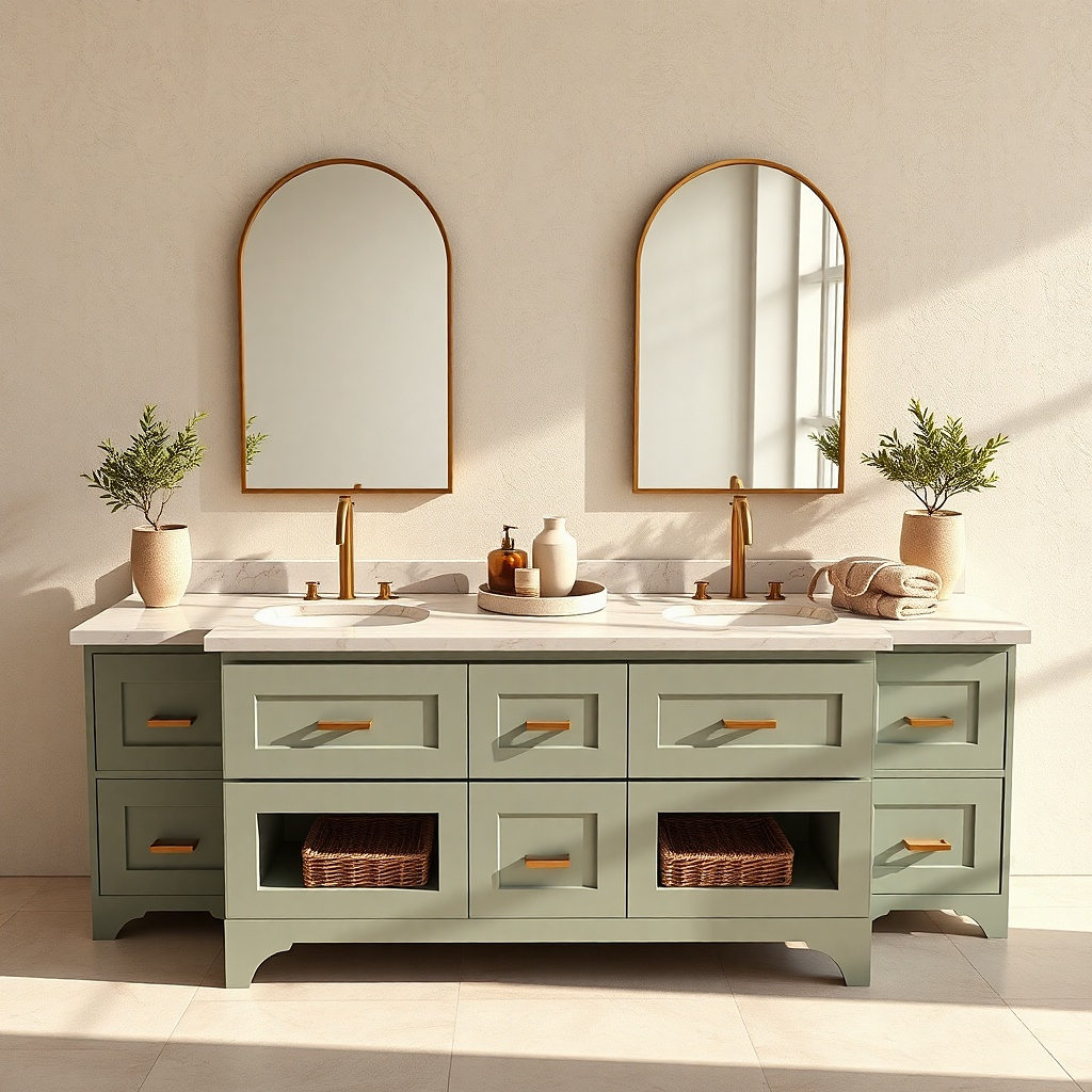 Bathroom vanity with two drawers and a tall narrow storage cabinet beside it