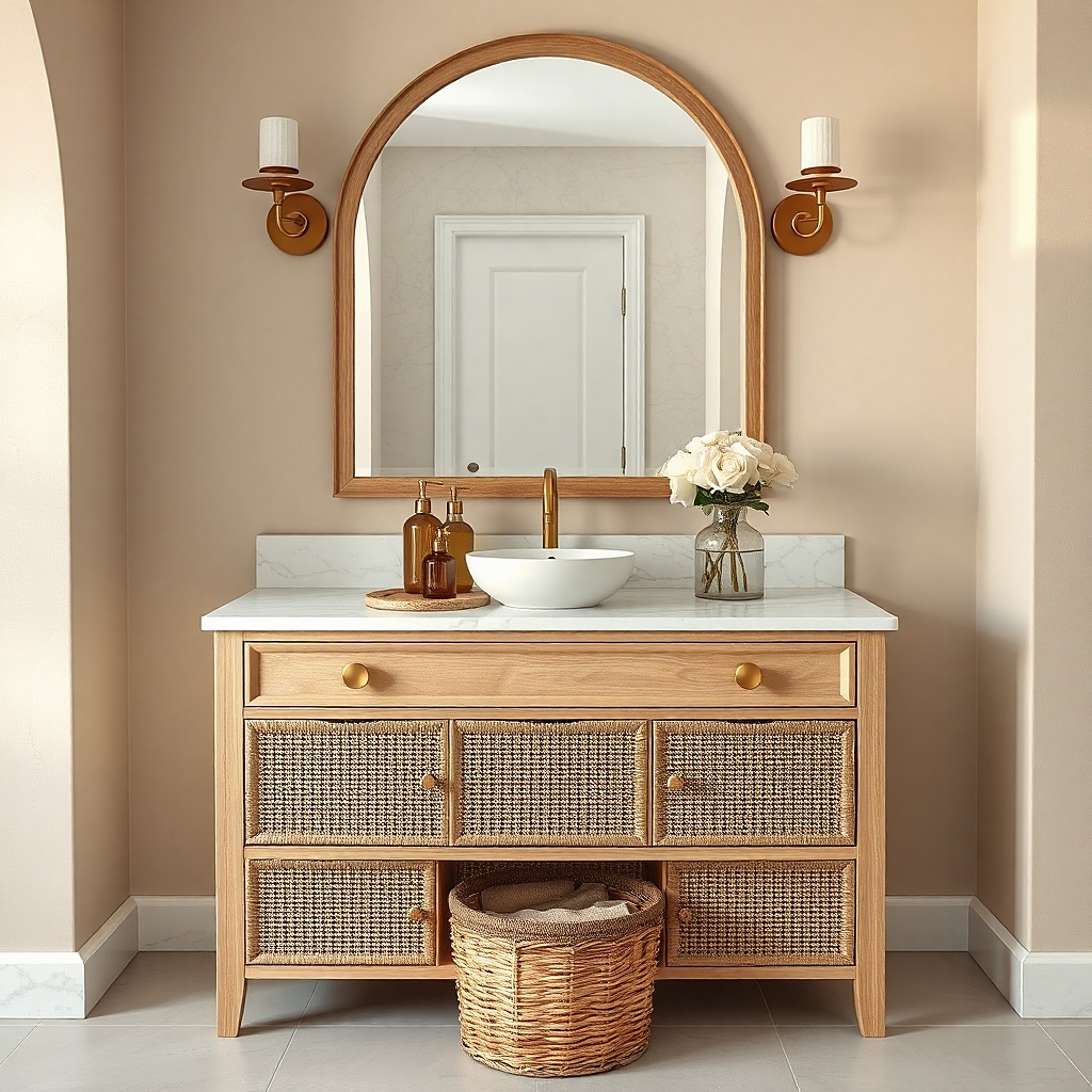 Matte white bathroom vanity with rattan cabinet fronts and a light stone top
