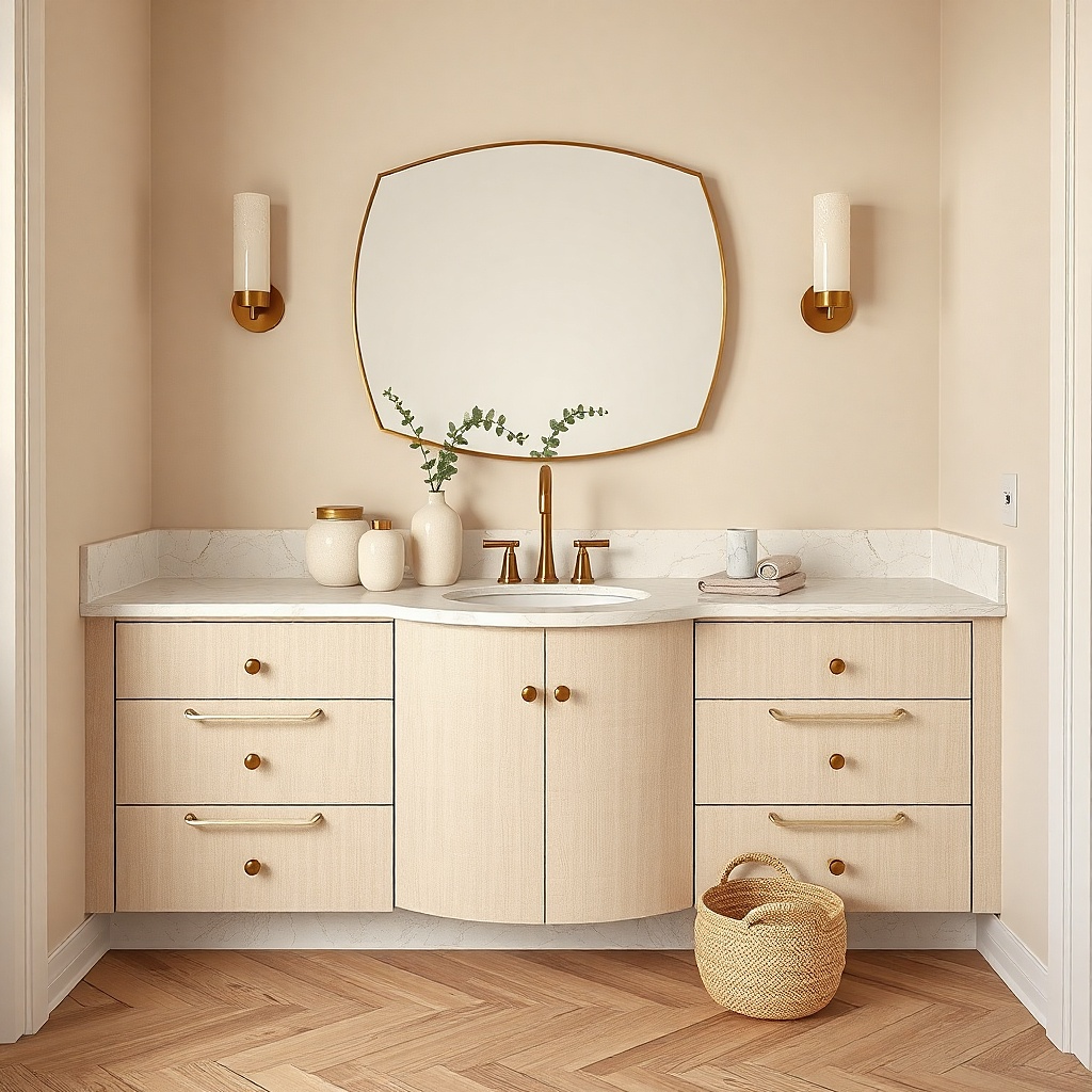 Bathroom vanity with marble-effect quartz top and rounded edges