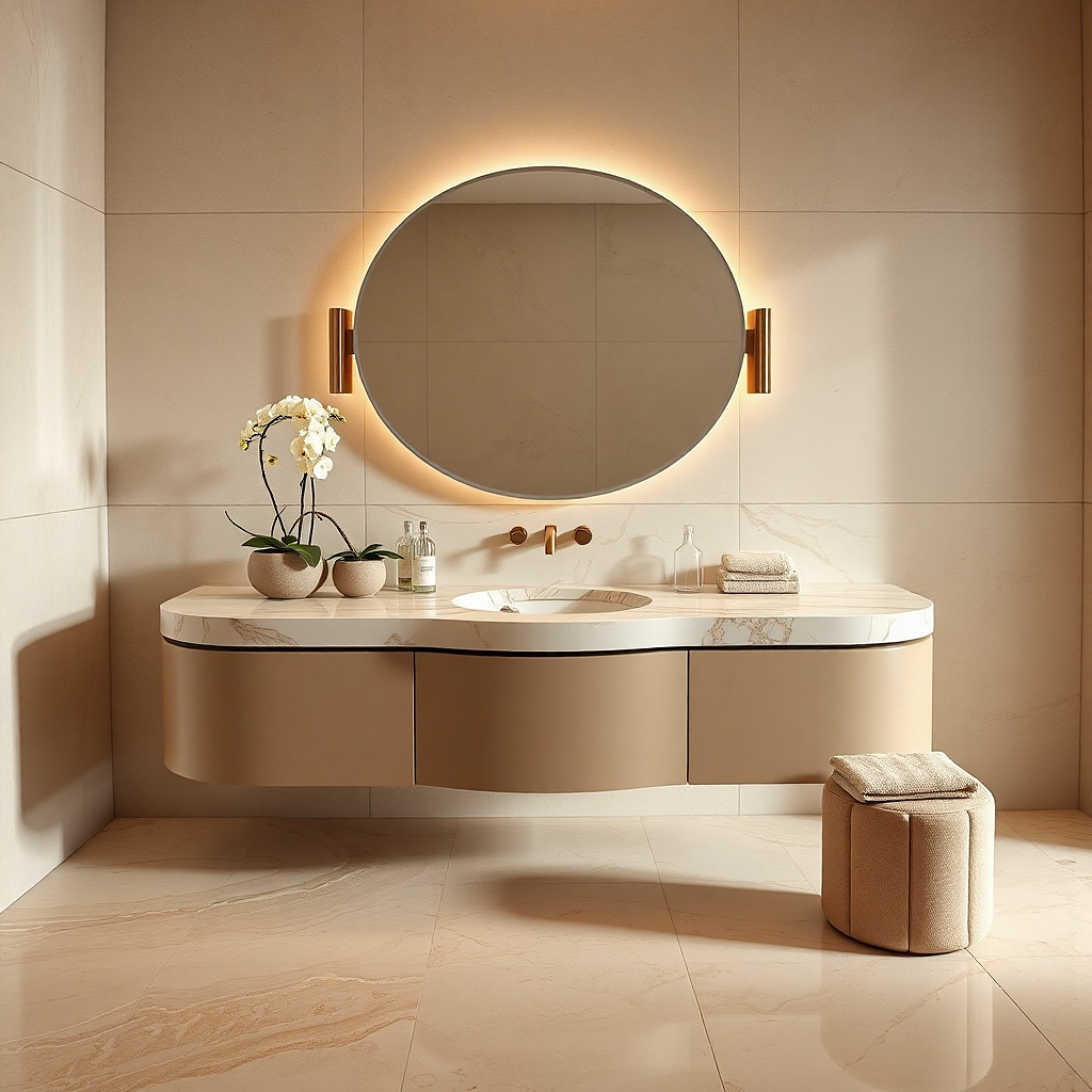 Beige linen-look bathroom vanity with gold knobs and a creamy countertop