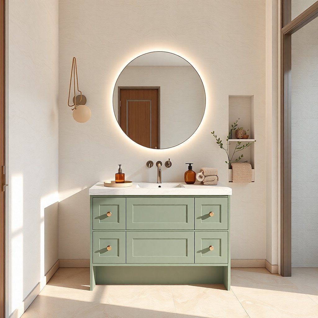 Narrow single-sink bathroom vanity with deep drawers and a light countertop
