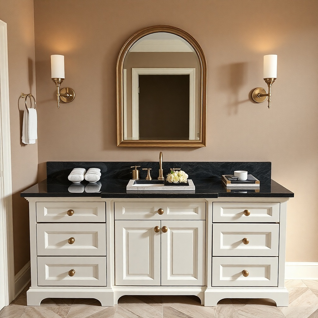 White bathroom vanity with a dark countertop and simple metal pulls