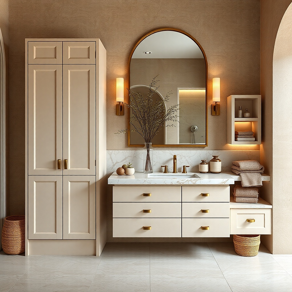 Tall bathroom vanity with vertical shaker paneling and a light top