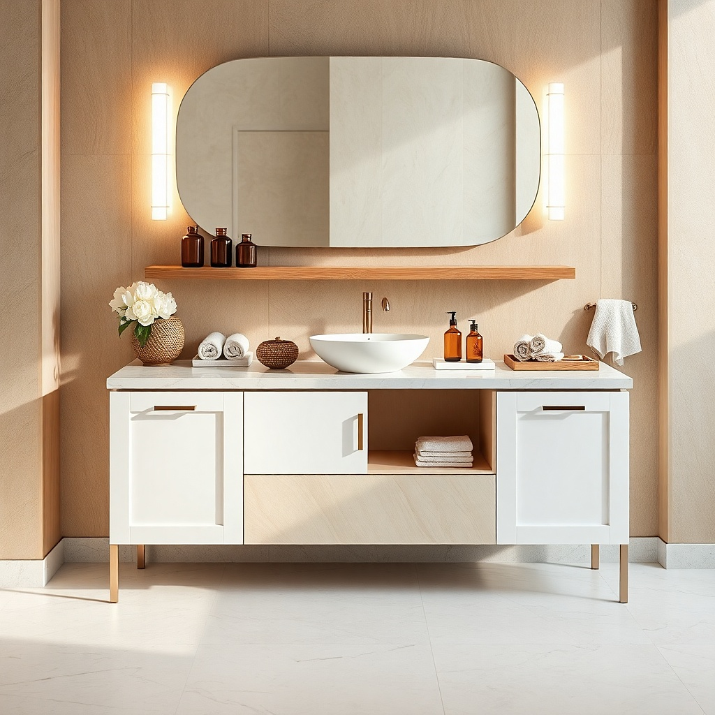 Two-tone bathroom vanity with white base and an oak middle shelf section