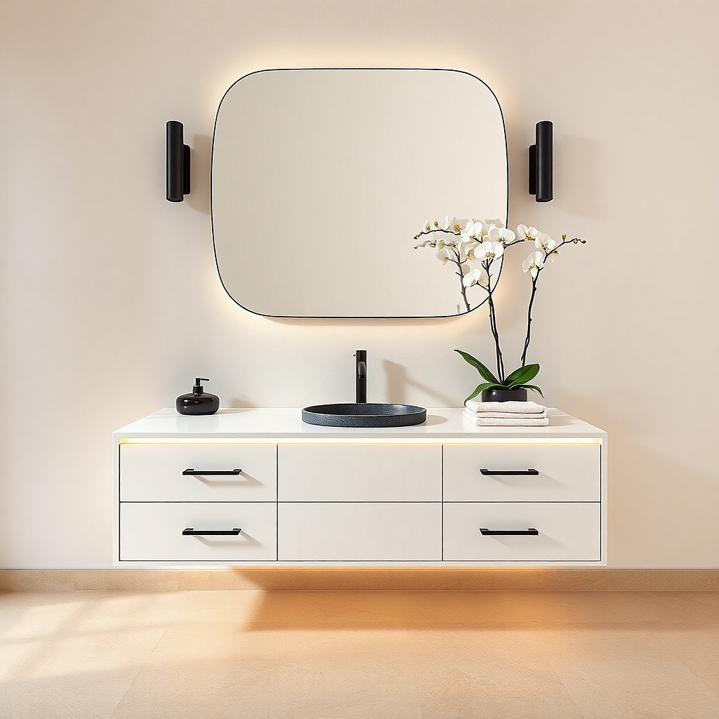 Warm white floating bathroom vanity with matte black hardware