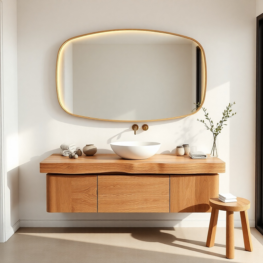 Oak bathroom vanity with a live-edge style counter and simple metal faucet