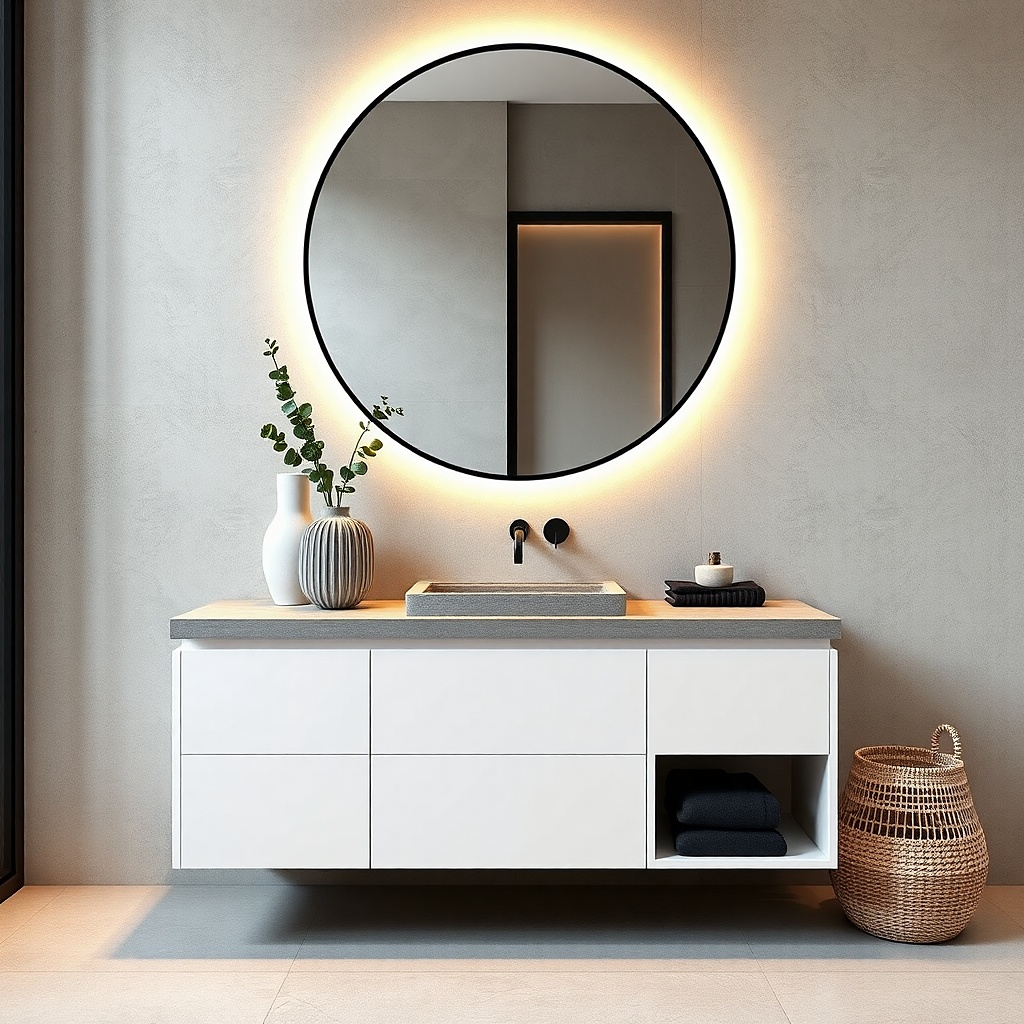 White bathroom vanity with a gray concrete-effect countertop
