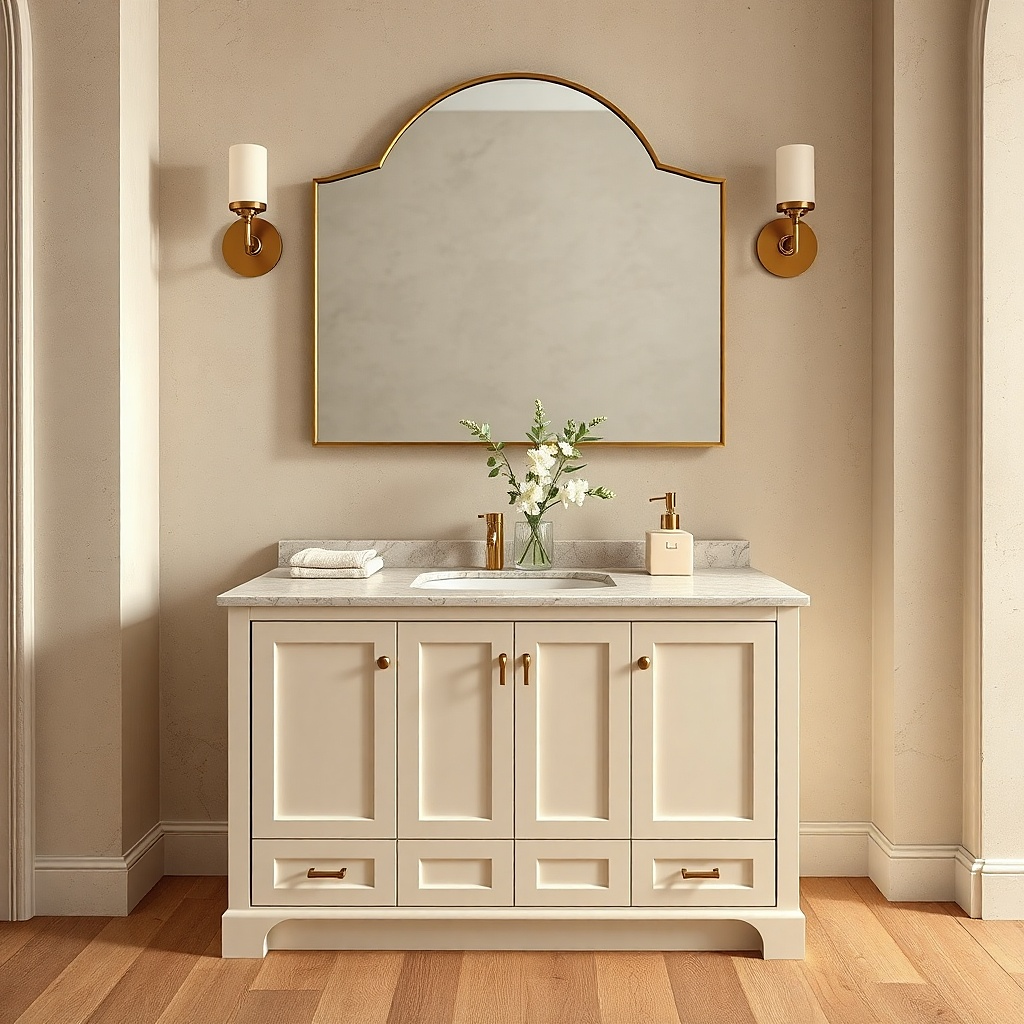 Cream off-white bathroom vanity with soft brass pulls and a light countertop